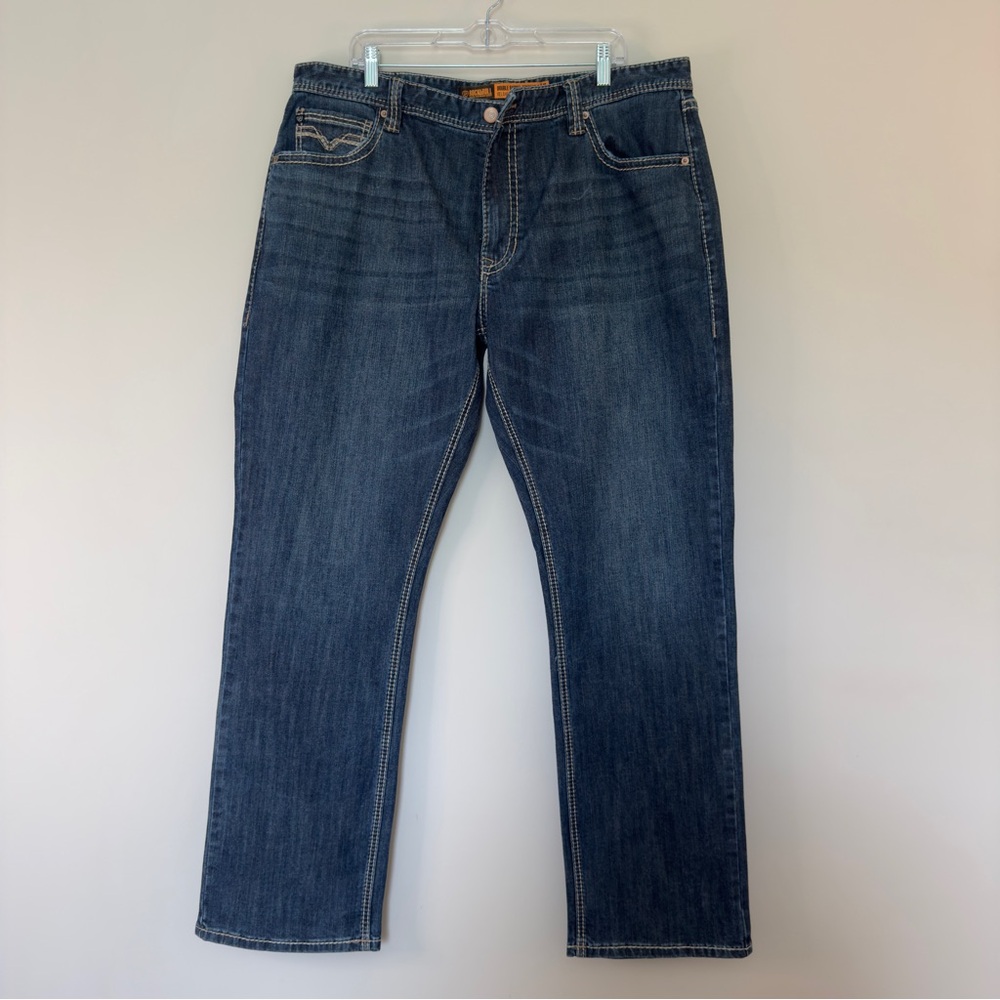 ROCK & ROLL DENIM MEN'S DARK VINTAGE DOUBLE BARREL STACKABLE BOOTCUT JEANS 40x34